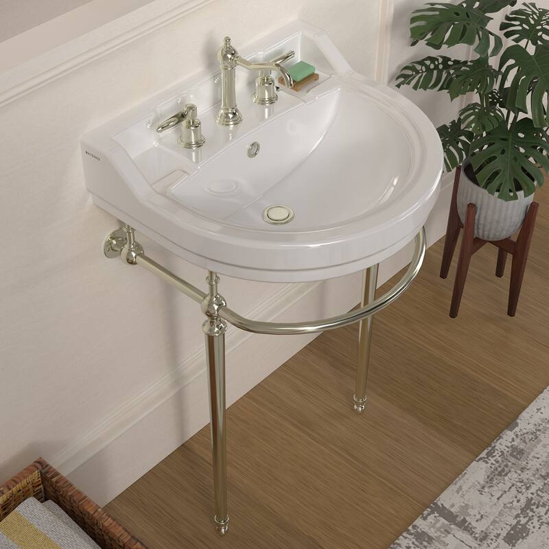 Whitehaus Console Sink With Semi-Circular Bowl, Metal Leg Supports and Front Towel Bar.