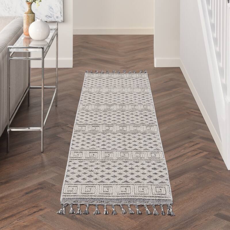 Nourison Elwood Contemporary Greek Key Lattice Geometric Area Rug - 2' 2" x 8' 2" - Ivory/Slate - Runner