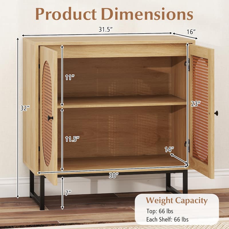 Engineered Wood Buffet Cabinet with PE Rattan Doors and Shelves - 31.5" x 16" x 32"