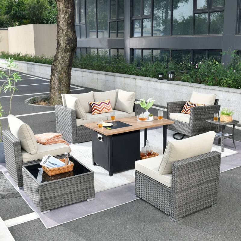 HOOOWOOO 8-piece Grey Wicker Outdoor Patio Furniture Sectional Set with Fire Pit - Beige