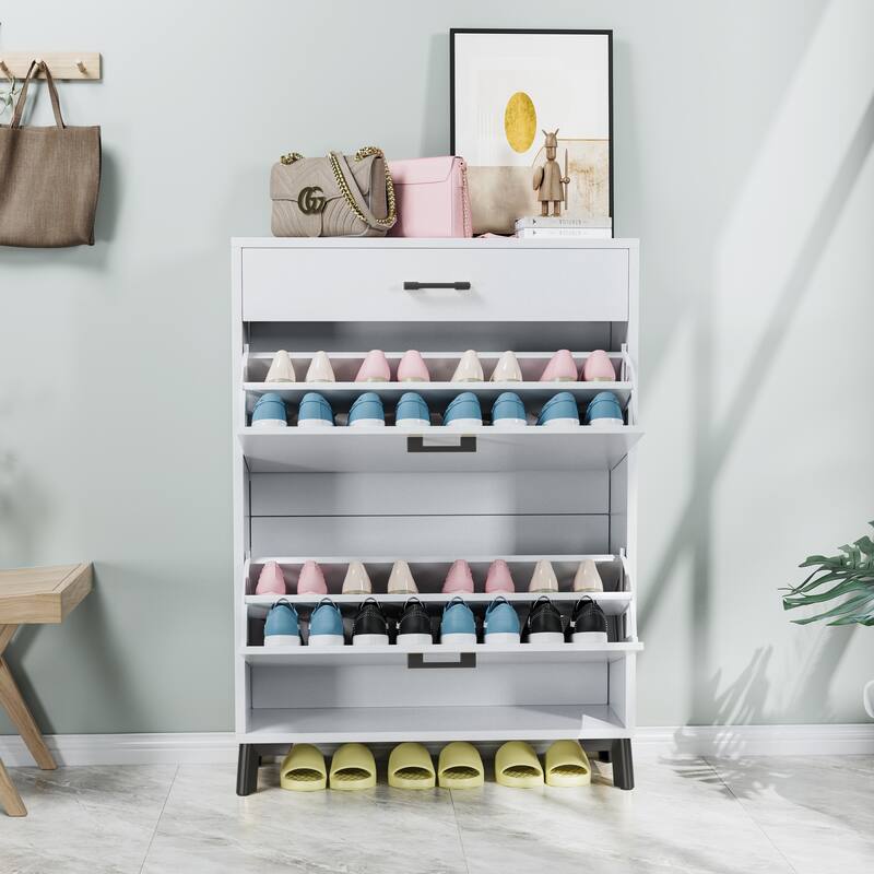 Free-Standing Shoe Organizer Cabinet with 2 Flip-Top Drawers and Metal Legs, Ample Storage for Hallway, Entryway and Porch