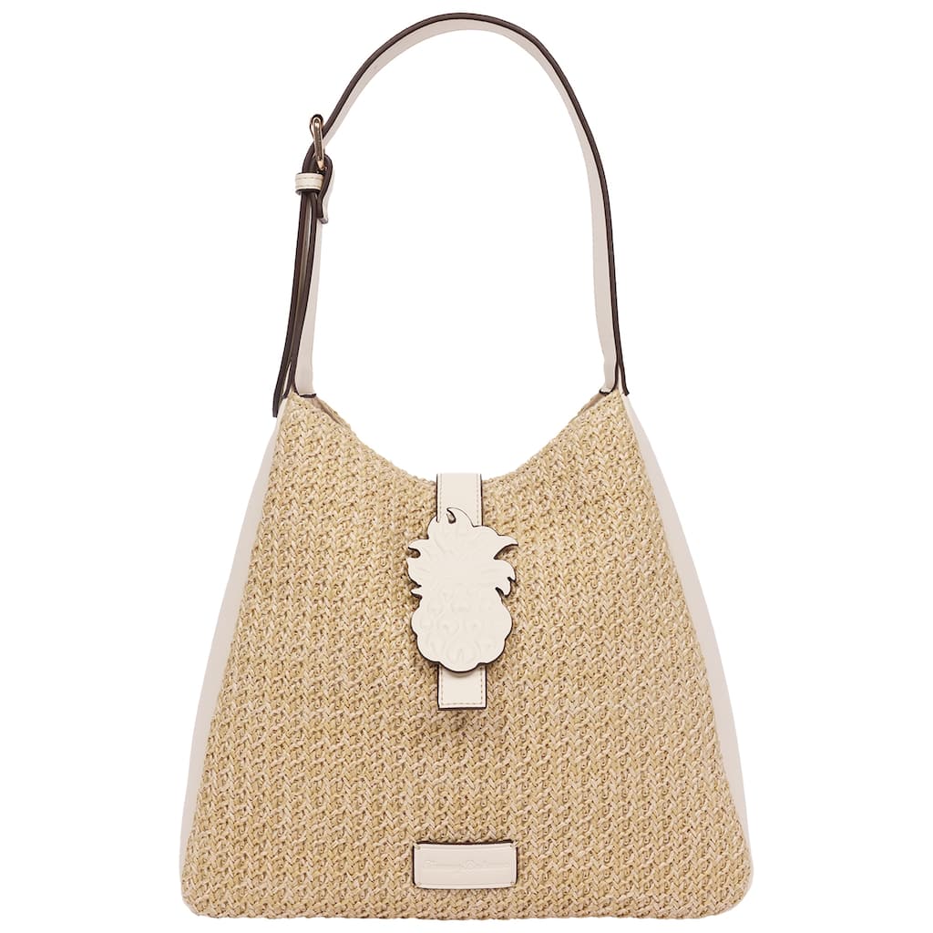 Tommy Bahama Logo Tab Raffia Hobo Bag - Woven Straw Shoulder Bag with Pineapple Accent