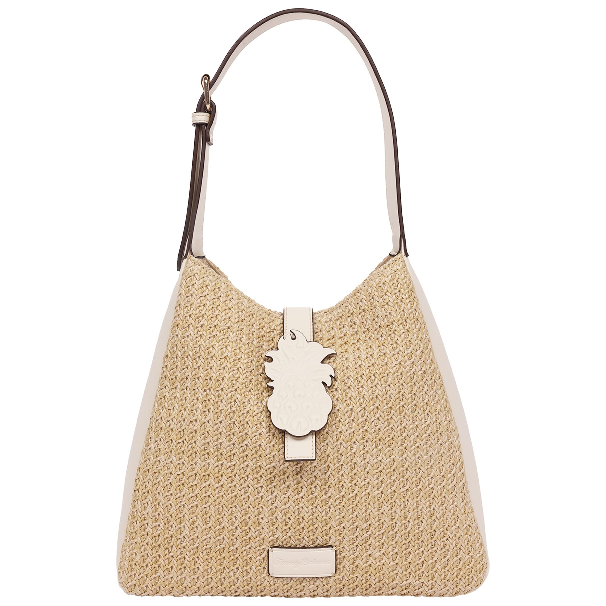 Tommy Bahama Logo Tab Raffia Hobo Bag - Woven Straw Shoulder Bag with Pineapple Accent