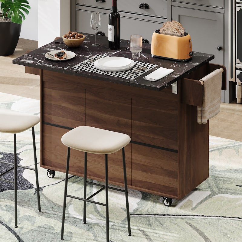 Drop Leaf Kitchen Island on Wheels w/ Tilt-out Trash Can, Walnut Brown