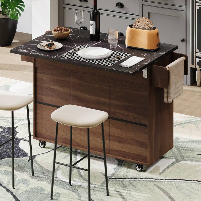 Kitchen Island w/Trash Storage, Drop Leaf, Spice & Towel Racks, Drawer, Adjustable Shelf & Wheels