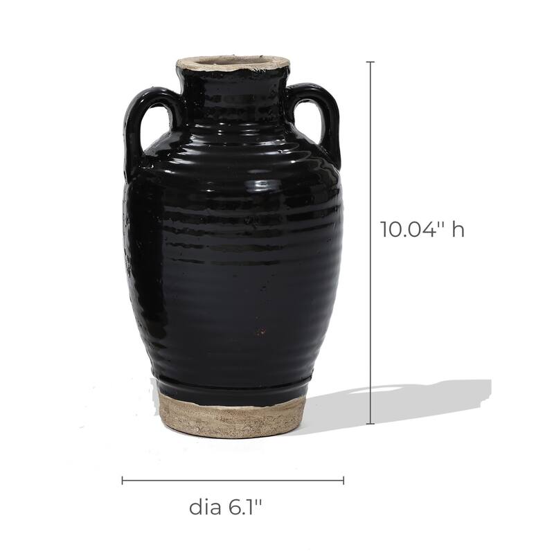2-Piece Black Jug Terracotta Vase with Two Handles Set