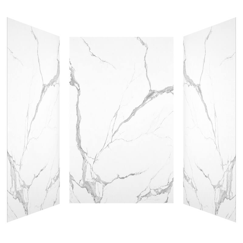 3-Piece Glue-Up SMC Composite Alcove Shower Wall Surround Kit, Waterproof Easy-Clean Shower Panels - White with Grey Marble Look - 60' x 36" x 96"
