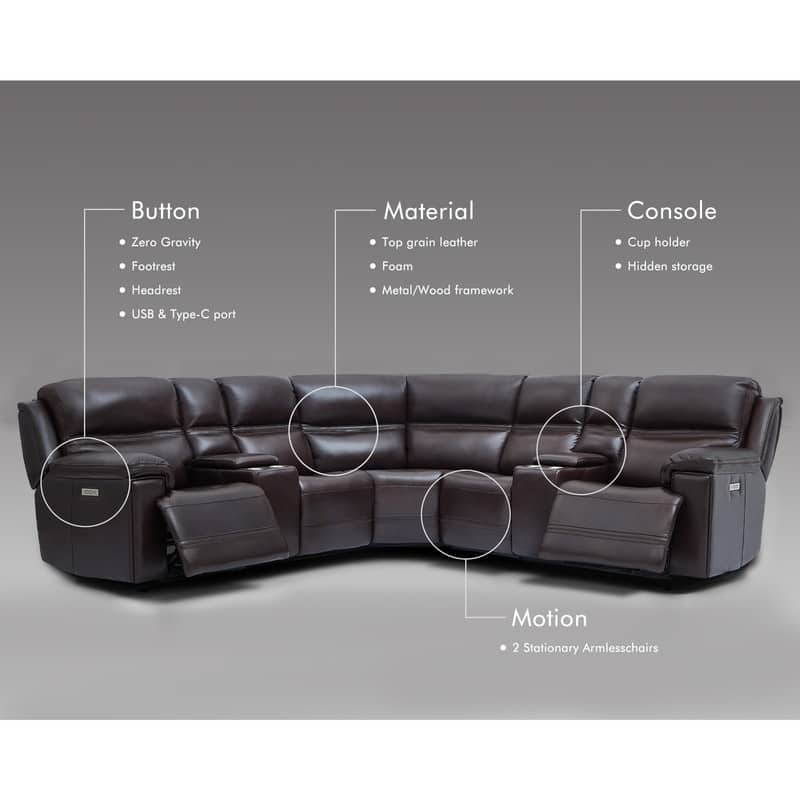 121" W Premium Genuine Leather Dual-Power Sectional Sofa with Console, Zero Gravity, Adjustable Headrest
