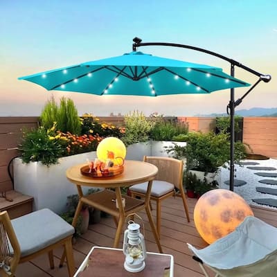 10 ft Umbrella Solar Powered LED Lighted Sun Shade Market Waterproof 8 Ribs Umbrella with Crank and Cross Base