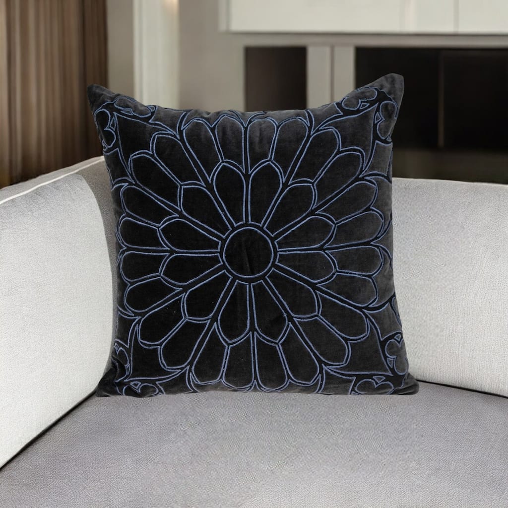 HomeRoots 22" Black and Blue Floral Cotton Throw Pillow with Embroidery and Applique