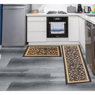 Gloria Non Slip 2 pieces Floral Design Kitchen Rug Set Kitchen Mat and Runner Doormat Non-Skid Carpet, 20"X30" & 20"X59" (Brw)