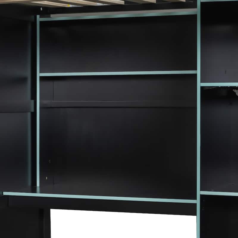 All-in-one Full Size Wood Loft Bed for Gaming & Workspace with Desk, Open Wardrobe, Storage Compartments and RGB Light Strip
