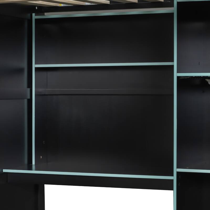 Full Size Wood Loft Bed with Desk, Open Wardrobe, Shelves and RGB LED Lights for Gaming & Storage
