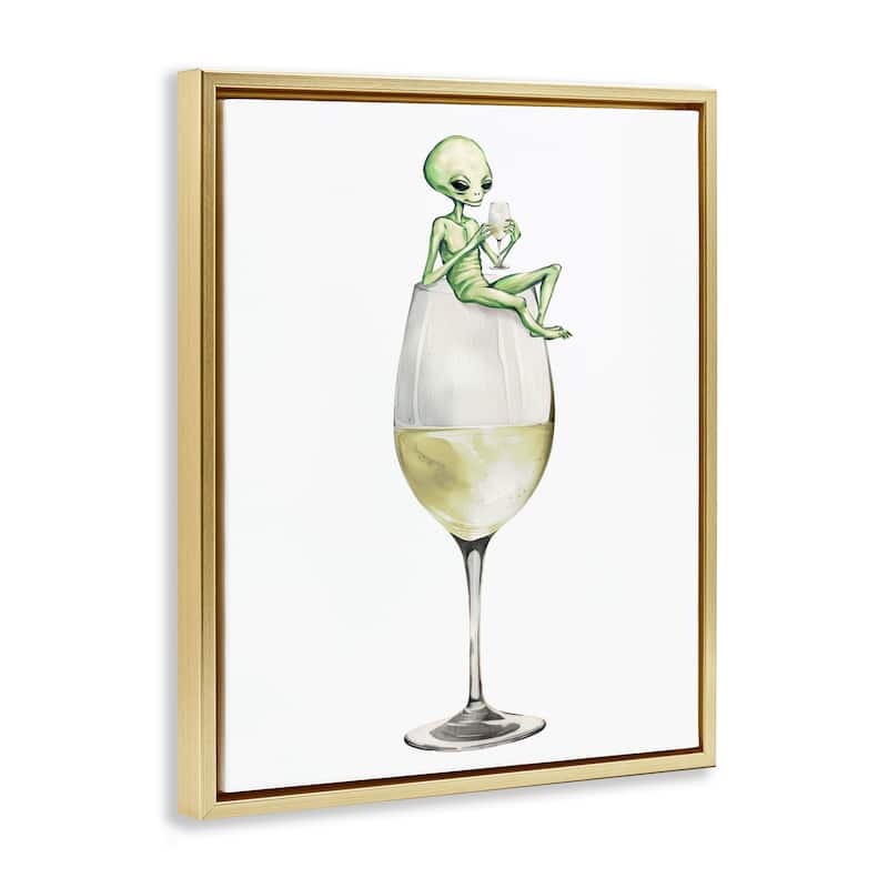 Stupell Alien Perched on Champagne Glass Framed Floater Canvas Wall Art Design By Lil' Rue