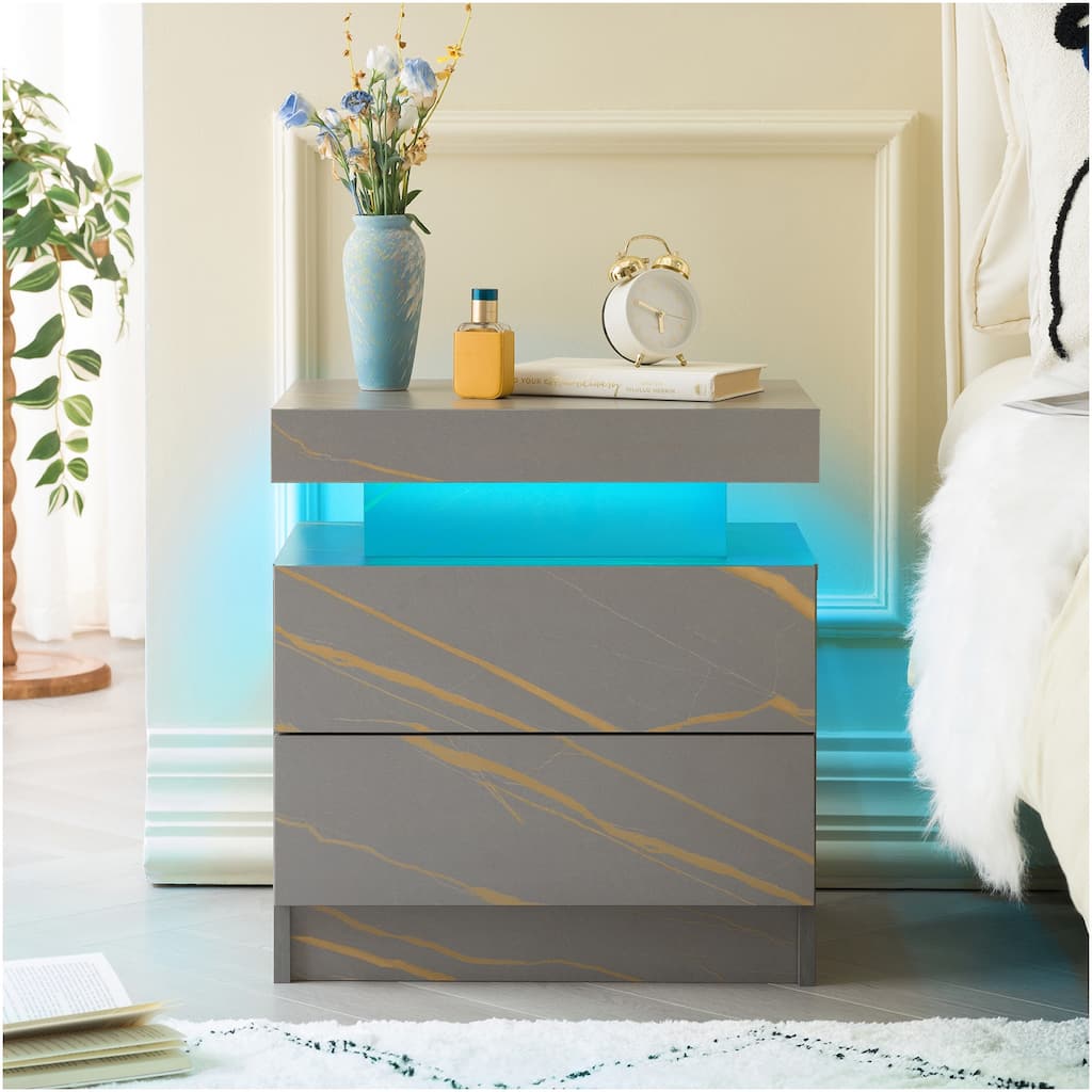 Modern LED Nightstand with Adjustable Lights and 2 Drawers for Bedroom or Living Room