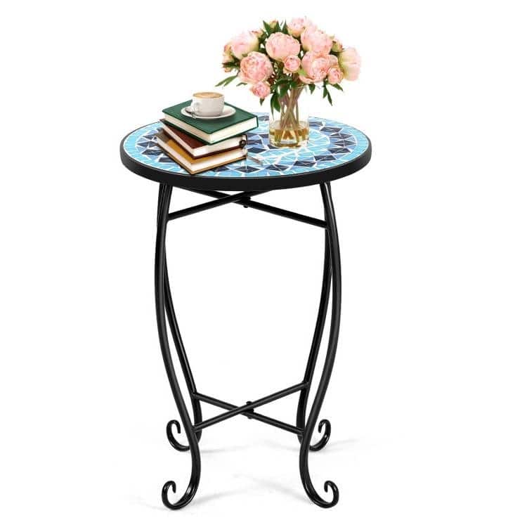 Indoor/Outdoor Blue Mosaic Round Side Accent Table Plant Stand - 14"W x 14"D x 21"H