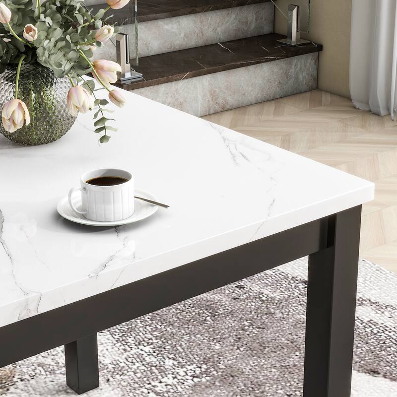 5-Piece Counter Height Dining Table Set, Faux Marble Top Square Table with 4 Velvet Chairs, Kitchen Dining Table Set for 4