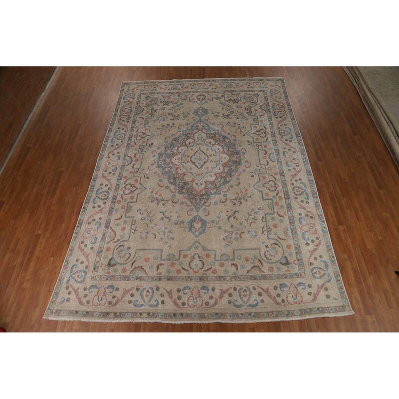 Geometric Beige Tabriz Persian Area Rug Hand-Knotted Wool Carpet - 9'8"x 13'4"
