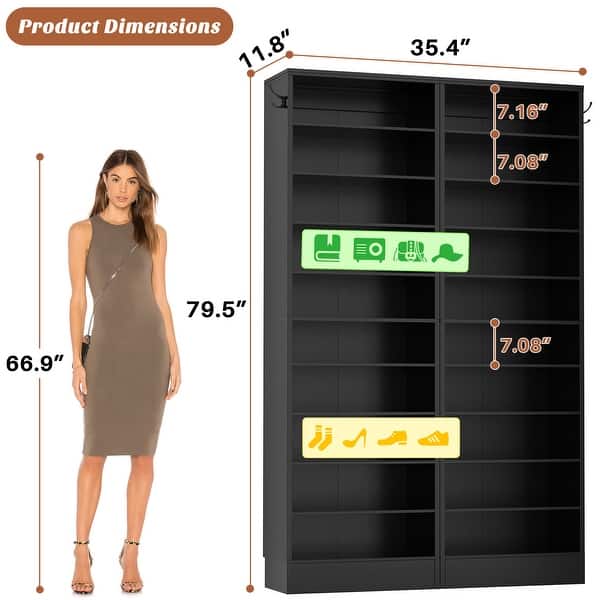 dimension image slide 2 of 10, Freestanding 10-Tier Shoe Storage Cabinet,Narrow Wood Shoe Rack Shoe Organizer,Sturdy Closet Organizer Open Display Cabinet