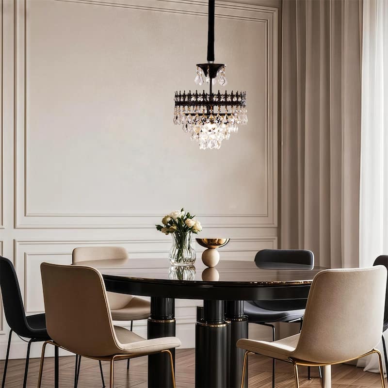 Vintage Crystal Chandelier Round Ceiling Pendant Lamp Hanging with Matt Black Iron Frame - 11.81" x 30.12"