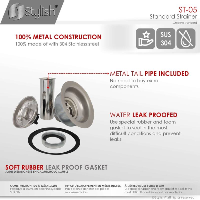 STYLISH 3.5 Inch Stainless Steel Kitchen Sink Strainer with Removable Basket - Fits Standard 3.5" drain Opening.