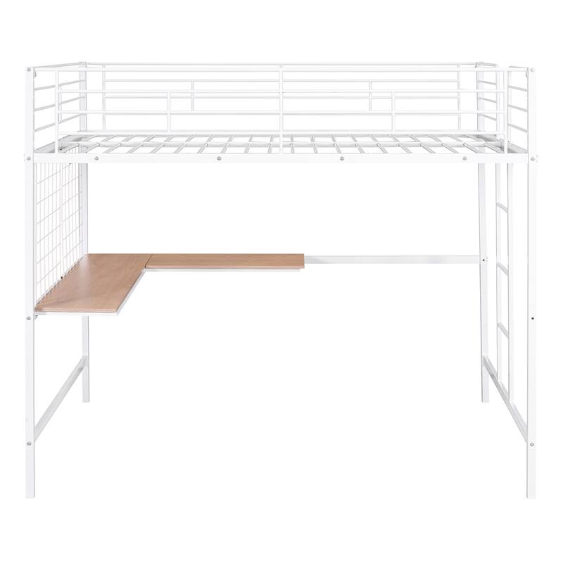 White Full Metal Loft Bed with Desk and Storage Space, Durable and Stylish