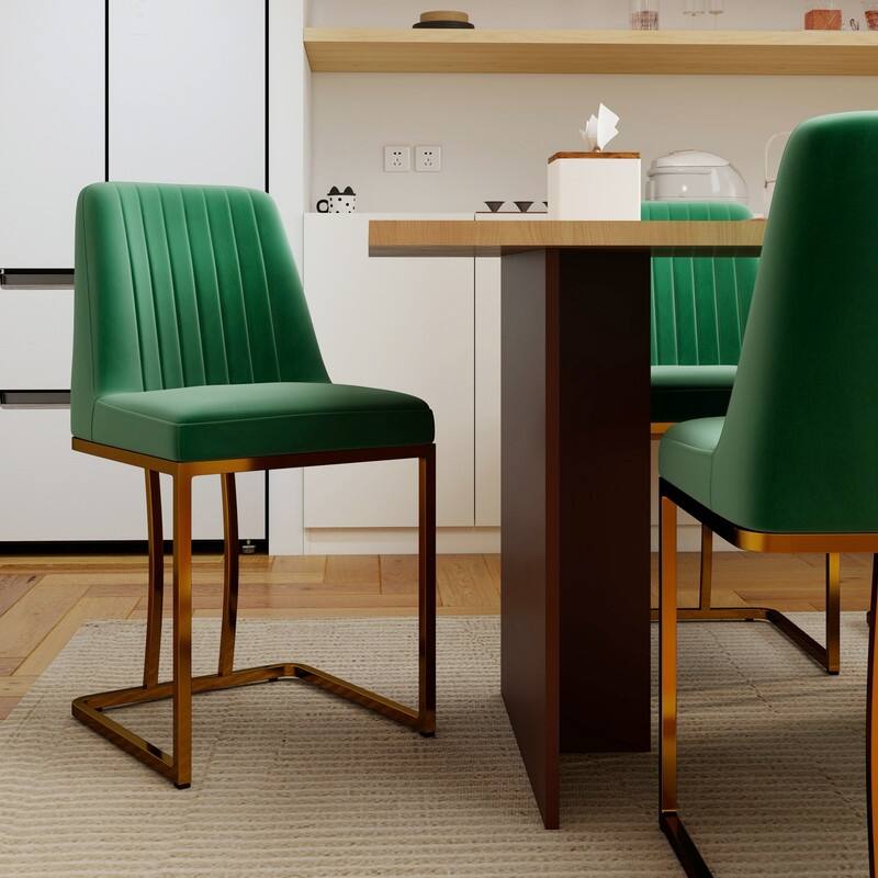 Modern and Luxury Velvet Upholstered Dining Chair with Gold Metal Legs, Set of 2 - Green