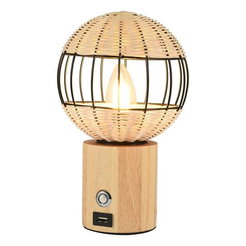 Rubber Wood & Bamboo Woven Shade Table Lamp with USB Interface - 10