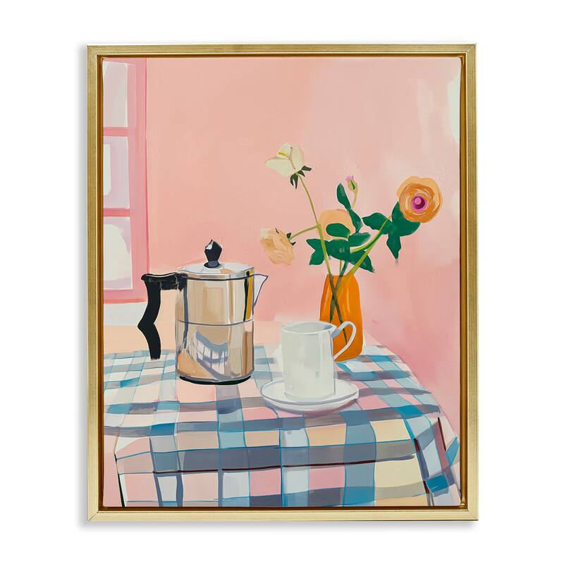 Stupell Pink Retro Kitchen Table Framed Floater Canvas Wall Art Design By Arlington Prints - 17 x 21 - Gold