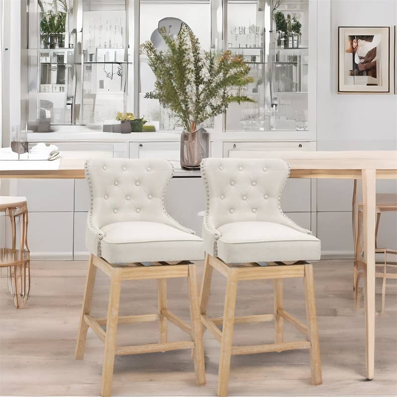 Upholstered Fabric Bar Stools, 180° Swivel Nailhead-Trim Pub Chairs - Cream White
