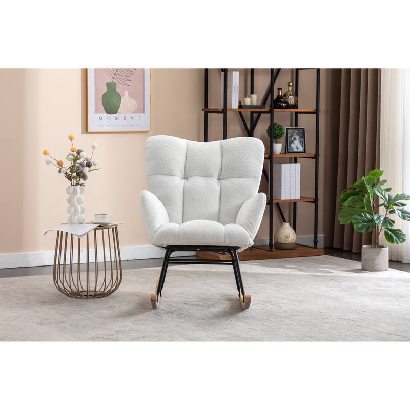 Teddy Fabric Upholstered Glider Rocker, Reading Chair with Thick Padded Seat, High Backrest Armchair with Wooden Legs