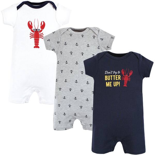 slide 1 of 1, Hudson Baby Infant Boy Cotton Rompers, Butter Me Up Lobster 0 - 3 Months - Blue