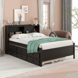 Full Size Platform Bed Wood Frame Bed with Storage Headboard and Twin Trundle Bed, 2 Storage Drawers Design