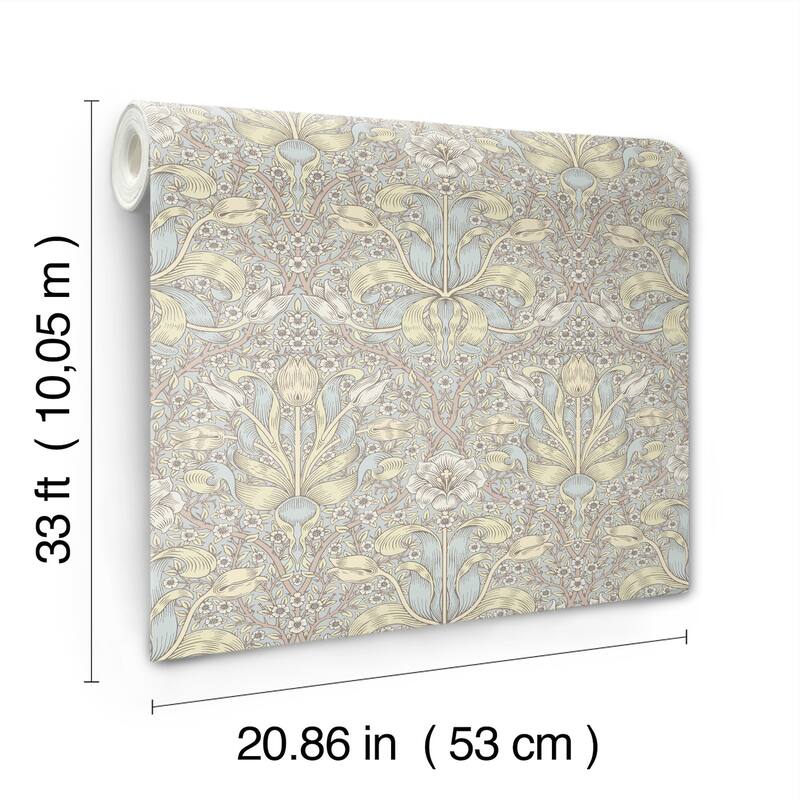 Spring Thicket Light Blue Tulip Damask Wallpaper