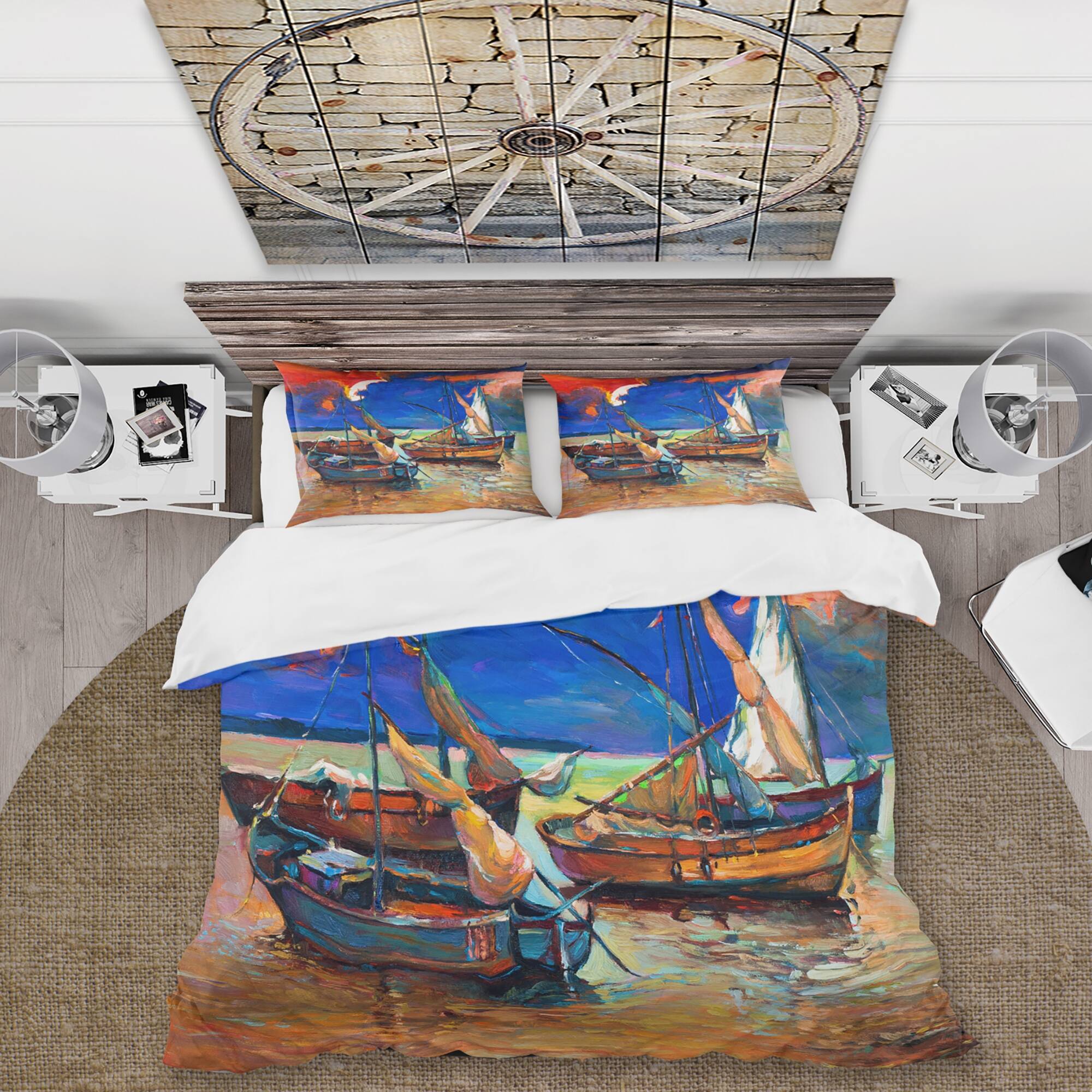 Designart 'Fishing Boats On The Water With Dark Blue Sky I' Lake House
