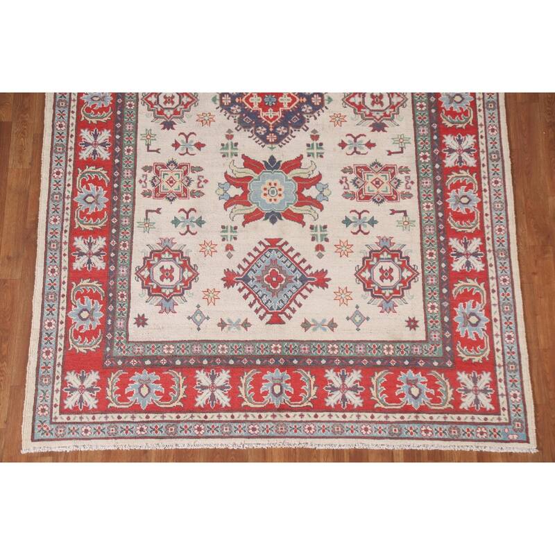 Hand Knotted Oriental 100% Wool Carpet Traditional Geometric Beige & Ivories Kazak Area Rug - 8' 11'' X 5' 11''
