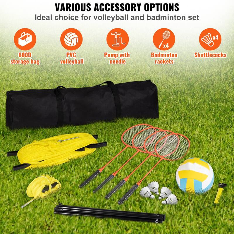 Orange Outdoor Portable Badminton Net with Height Adjustable Steel Poles and Carrying Bag