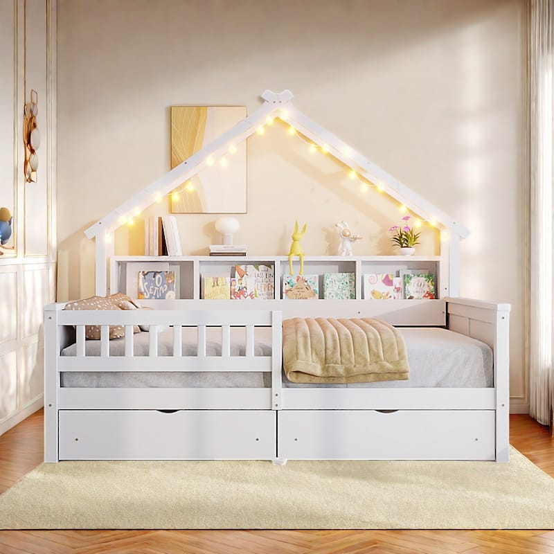 Full Size Platform Bed with LED Lights,Frame with 2 Storage Drawers and Shelves - White