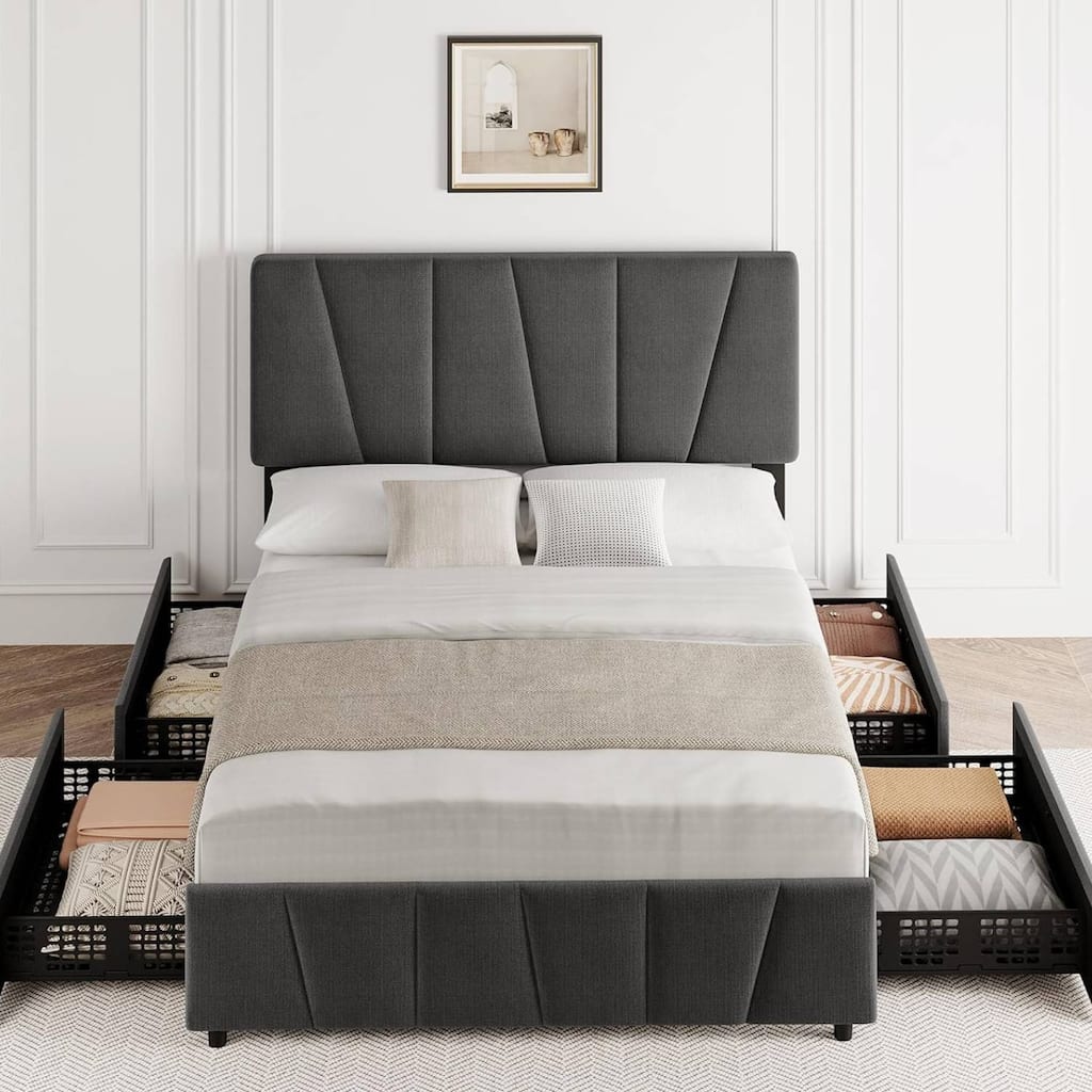 Upholstered Platform Bed Frame with Headboard and 4 Storage Drawers
