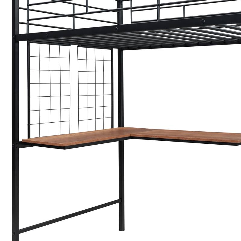 Twin Metal Loft Bed with L-Shape Desk, Lateral Storage Ladder, Metal Grid, and Wardrobe, Modern Space-Saving Design