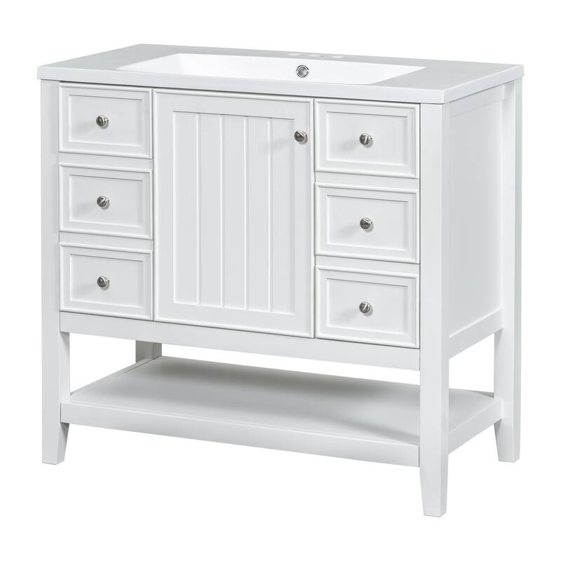 Freestanding 36" Bathroom Vanity Cabinet with Ceramic Sink & Open Storage Shelf