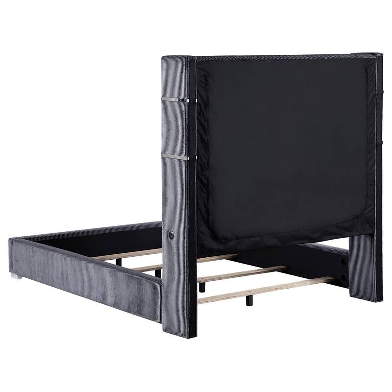 Caro California King Bed, Wingback Panel w LED Flame, Gray Upholstery