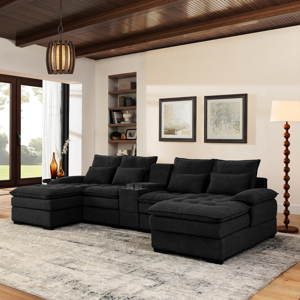 U-shaped Sectional Sofa with Chaise, Built-in Storage Console and Cup Holders, Linen Double-Layer Cushioning Lounge Couch