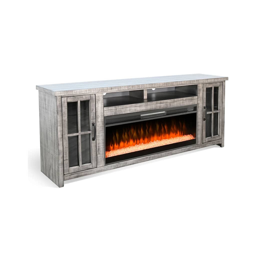 Gery TV Media Console w Crystal Fireplace, 76 Inch, 2 Cabinets, Gray