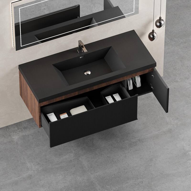 GDFStudio - Sebastian Floating Bathroom Vanity with Quartz Sand Basin and Fluted Storage Cabinet