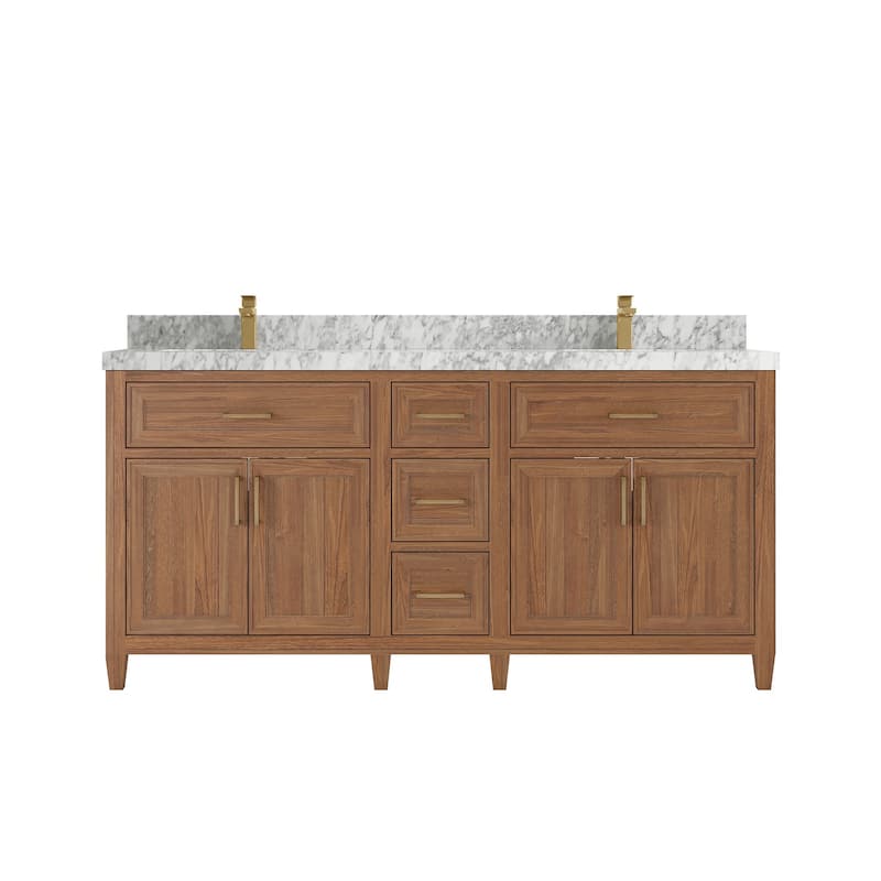Willow Collections 72 in. W x 22 in. D Santa Monica Teak Double Sink Bathroom Vanity with Countertop - 2”Carrara Marble - Dark Natural