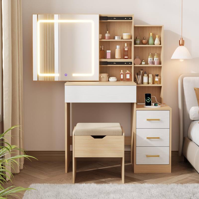 Modern Makeup Vanity with Sliding Mirror, 4 Drawers & 7 Shelves, 3 Light Colors, Charging Port & Stool Set - Natural