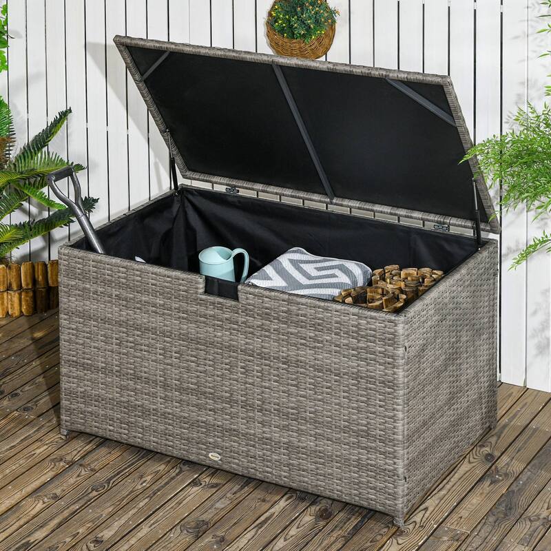 ​​Rustic Hand Woven Wicker Storage Trunk with Waterproof Liner and Hydraulic Lid for Outdoor Pool and Garden