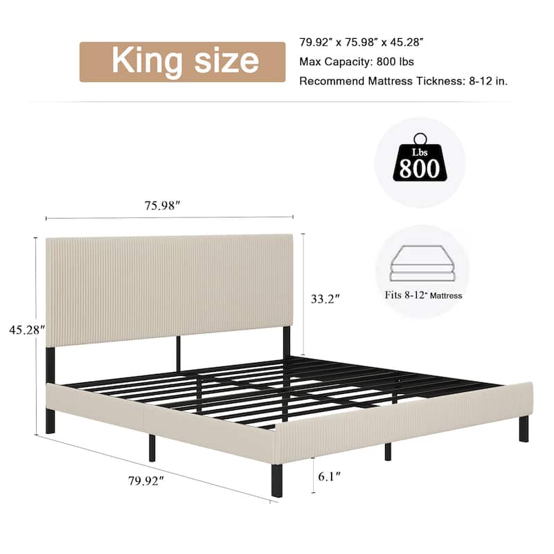King Size Metal Bed Frame Upholstered Platform Bed Frame with High Headboard, Metal Cross Slats Support, Easy Assembly, Beige