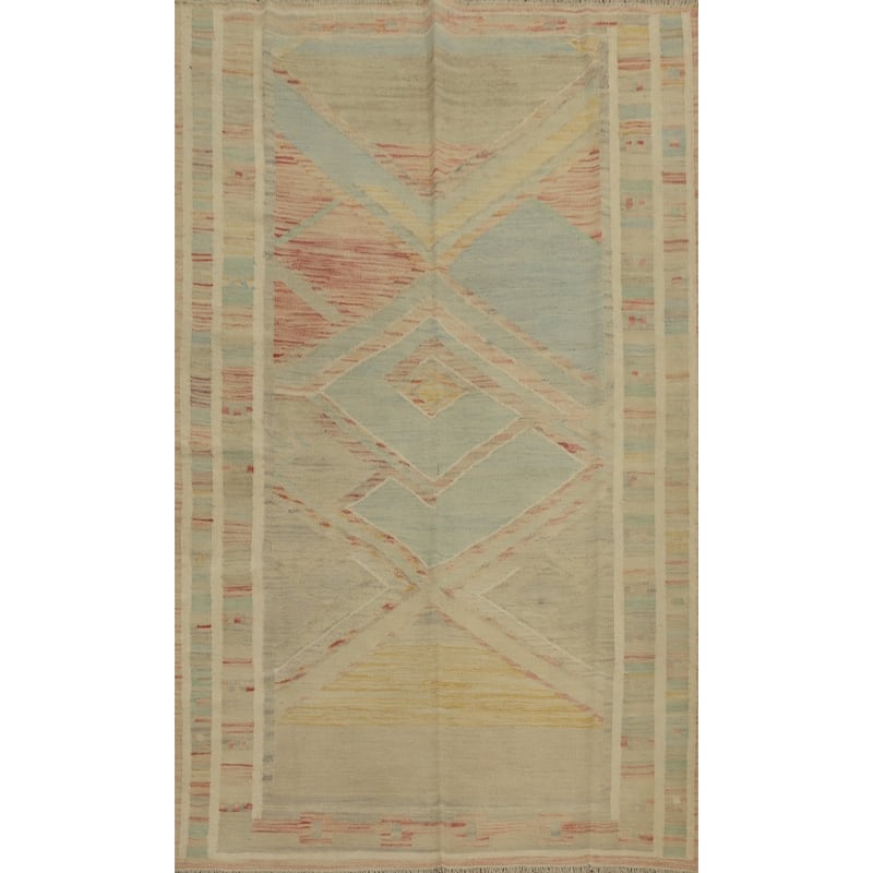 Hand Woven Oriental 100% Wool Carpet Southwestern Tribal Beige & Ivories Kilim Area Rug - 7' 2'' X 4' 10''